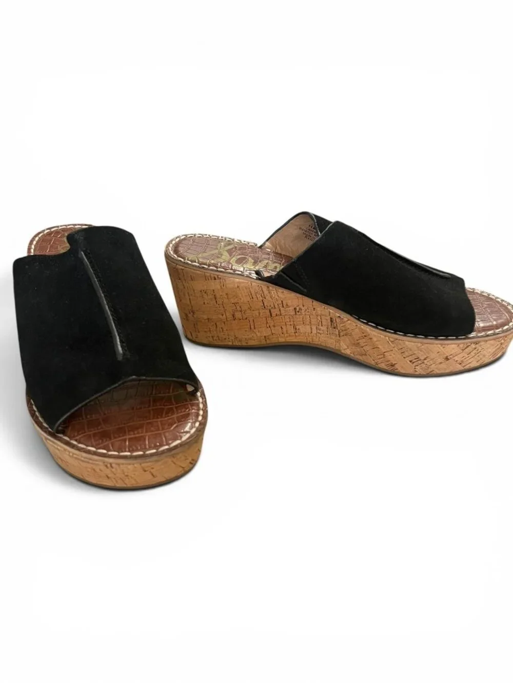 Sam Edelman Black Suede Cork Wedge Slide Sandals Size 11
